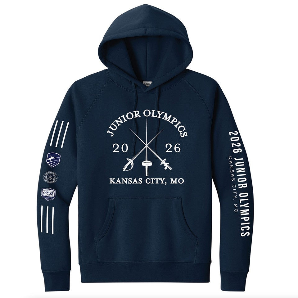 Our favorite Navy blue hoodie decorated with the Junior Olympics 2026 Kansas City official logo and our three swords logo  is back in stock and available for personalization for a limited time!