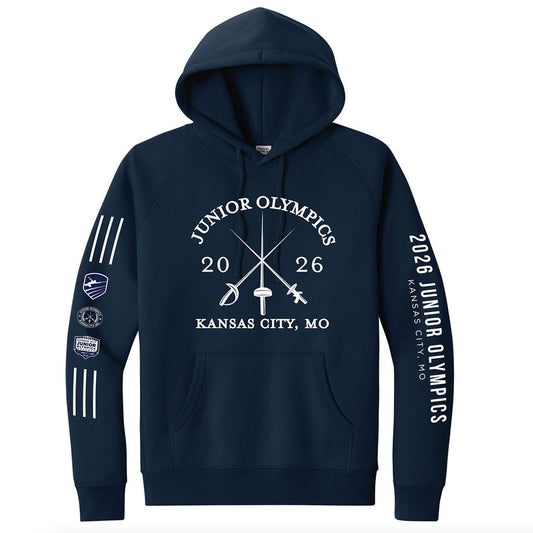 Our favorite Navy blue hoodie decorated with the Junior Olympics 2026 Kansas City official logo and our three swords logo  is back in stock and available for personalization for a limited time!